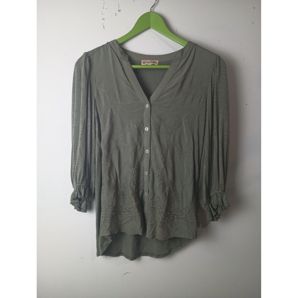 Democracy Olive Green Embroidered Button Front Blouse Puff Sleeve Top Small